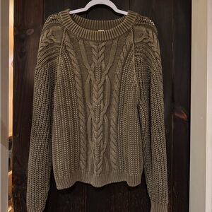 Free People- Frankie Cable Cotton Sweater In Olive Stone